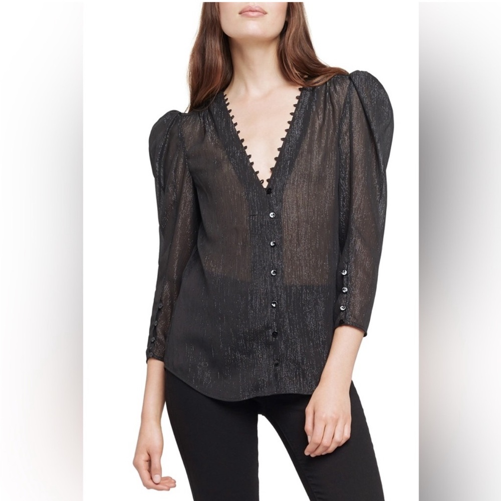 L'AGENCE Kimberly Puff Sleeve Black Sheer Button-Up Blouse